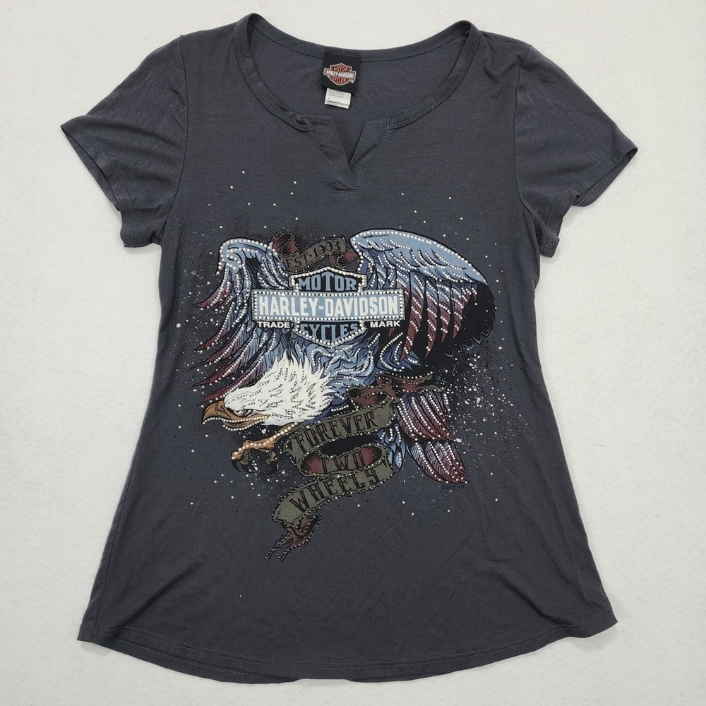 Harley Davidson T Shirt Womens Small Black Rhinestone Eagle Forever Two Wheels